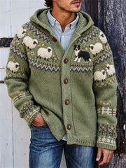 Herren-Vintage-Strickjacke mit Kapuze, Motiv: Border Collie und Schafe am Bauernhof, Yoke-Isle-Print