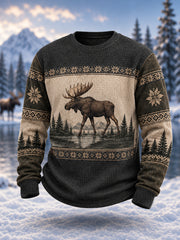 Herren Winter Elch Print Casual Waffel Sweatshirt