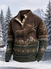 Herren-Winterpullover mit Elchdruck, lässig, mit Knöpfen