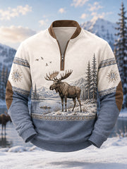 Herren-Winterpullover mit Elchdruck und Reißverschluss, lässig geschnitten