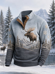 Herren-Winterpullover mit Elchdruck, lässig, mit Knöpfen