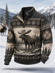 Herren-Winterpullover mit Elchdruck, lässig, mit Knöpfen