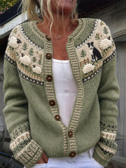 Damen-Vintage-Strickjacke mit Bauernhofmotiv, Border Collie und Schafen, Yoke-Design und gemütlichem Insel-Print