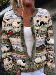 Damen Vintage Border Collie & Sheep Farm Landschafts druck Gemütliche Strickjacke