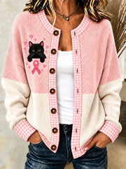 Damen-Strickjacke im Cardigan-Stil mit schwarzer Katze und Brustkrebsmotiv
