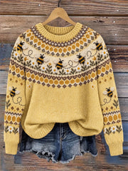 Damen Vintage Fliegende Bienen Gänseblümchen Yoke Isle Print Pullover mit Rundhals ausschnitt