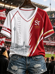 Damen-VfB-Stuttgart-V-Ausschnitt-Off‑Shoulder-T-Shirt mit kurzen Ärmeln