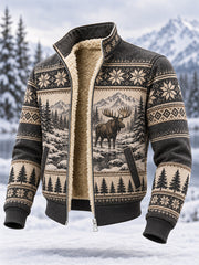 Herren-Winterjacke aus Composite-Fleece mit Elch-Print, lässiger Stil