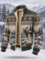 Herren-Winterjacke aus Composite-Fleece mit Elch-Print, lässiger Stil
