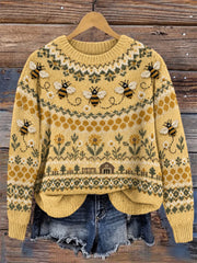 Damen-Vintage-Strickpullover mit Rundhalsausschnitt, floralem Isle-Muster und fliegenden Bienen sowie Gänseblümchen