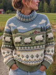 Frauen Vintage Fuzzy Sheep Farm Landschaft Isle Muster Roll kragen pullover