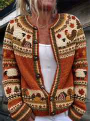 Damen-Strickjacke im Cardigan-Stil mit Herbstmotiv: Bauernhoftiere, Erntezeit und Insel‑Print