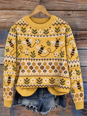 Damen Vintage Fliegende Bienen & Gänseblümchen Floral Isle Muster Pullover mit Rundhals ausschnitt