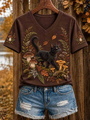 Damen-Herbst-T-Shirt mit niedlicher Katzen-Optik und kurzen Ärmeln