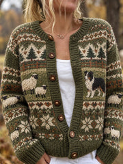 Strickjacke im Vintage-Stil Border Collie & Fuzzy Sheep Isle Print für Damen