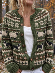 Damen-Strickjacke im Vintage-Stil mit Border‑Collie‑ und flauschigen Schafen auf der Insel – im Cardigan‑Design
