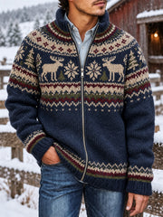 Herren-Strickjacke im nordischen Stil mit Elchmuster, lässig, mit Reißverschluss