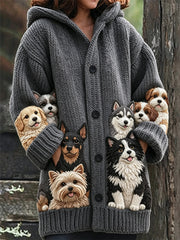 Damen schöne überfüllte Fuzzy Dogs drucken gemütliche lange Strickjacke mit Kapuze