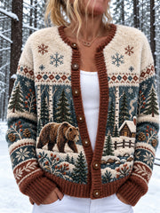 Damen-Nordic Forest Animals Print Button Cardigan