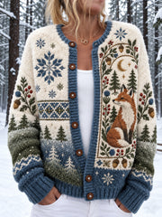 Damen-Strickjacke mit Knöpfen und nordischem Waldtier-Print