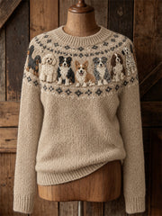 Damen-Vintage-Pullover mit Hunde- und Yoke-Isle-Muster sowie Rundhalsausschnitt