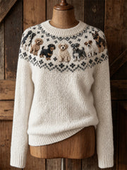 Damen Vintage Hunde Joch Isle Muster Print Rundhals pullover