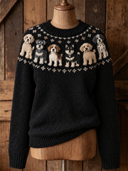 Damen-Vintage-Pullover mit Hunde- und Yoke-Isle-Muster sowie Rundhalsausschnitt