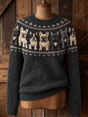 Damen Vintage französische Bulldoggen Yoke Isle Muster Print Pullover mit Rundhals ausschnitt