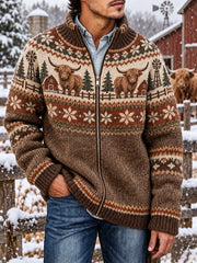 Herren-Highland-Kuh muster lässige Strickjacke mit Reiß verschluss