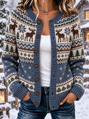Damen-Strickjacke im nordischen Stil mit Elchmuster – lässiger Cardigan‑Style
