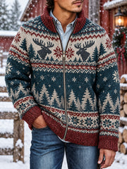 Herren-Strickjacke im nordischen Stil mit Elchmuster, lässig, mit Reißverschluss
