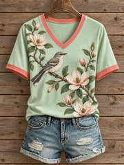 Damen-T-Shirt mit Blumen- und Vogelmotiv