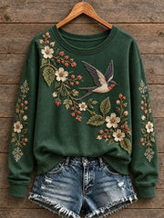 Damen-Sweatshirt mit Blumen- und Vogelmotiv