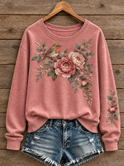 Damen-Sweatshirt mit Blumen- und Vogelmotiv
