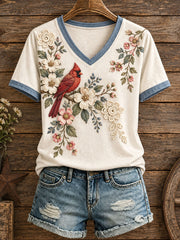 Frauen Blumen-und Vogel muster T-Shirt