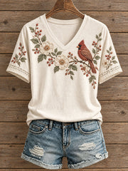 Damen-T-Shirt mit Blumen- und Vogelmotiv