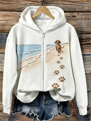 Damen Dackel Dog Beach Walking Paw Drucke mit vollem Reiß verschluss Hoodie