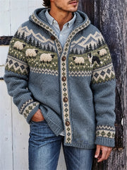 Herren-Strickjacke mit Kapuze im Vintage-Stil, mit Border-Collie- und flauschigen Schafen in landschaftlicher Umgebung bedruckt