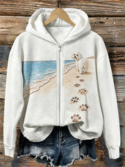 Frauen Malteser Hund Strand Walking Paw Drucke Full Zip Hoodie