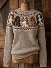 Damen Vintage Cavalier Dogs Yoke Isle Print Gemütlicher Pullover mit Rundhals ausschnitt