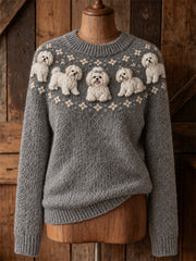 Damen Vintage Malteser Hunde Yoke Isle Print Gemütlicher Pullover mit Rundhals ausschnitt