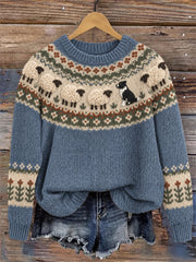 Damen Vintage Border Collie & Fuzzy Sheep Yoke Isle Print Pullover mit Rundhals ausschnitt