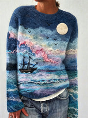 Damen Vintage Boat Night Seascape Woll-Kunstdruck Pullover mit Rundhals ausschnitt