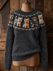 Damen Vintage Yorkie Dogs Yoke Isle Print Gemütlicher Pullover mit Rundhals ausschnitt