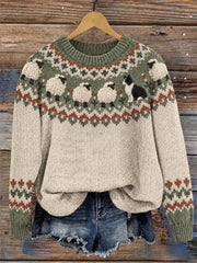 Damen-Vintage-Pullover mit Rundhalsausschnitt, Motiv: Border Collie und flauschige Schafe, Yoke-Isle-Print