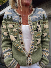 Damen-Strickjacke im Vintage-Stil mit Border-Collie- und flauschigen Schafen – Landschaftsdruck, Cardigan-Design