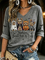 Frauen Yorkies, weil Menschen gruselig sind Halloween Hunde drucken mittellange Ärmel V-Ausschnitt T-Shirt