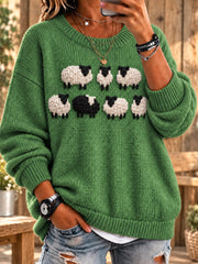 Frauen Gemütliche Landschaft Schwarz & Weiß Schafe Fuzzy Crewneck Pullover