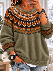 Nordisch inspirierte Herbst Fox Yoke Fuzzy Crewneck Sweater für Frauen