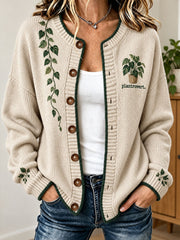Damen-Strickjacke im Cardigan-Stil mit Pflanzenmotiv-Aufdruck